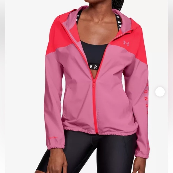 Under Armour Jacket Windbreaker Small Pink Orange Zip Up Loose Fit Hooded Pit to - Picture 3 of 13